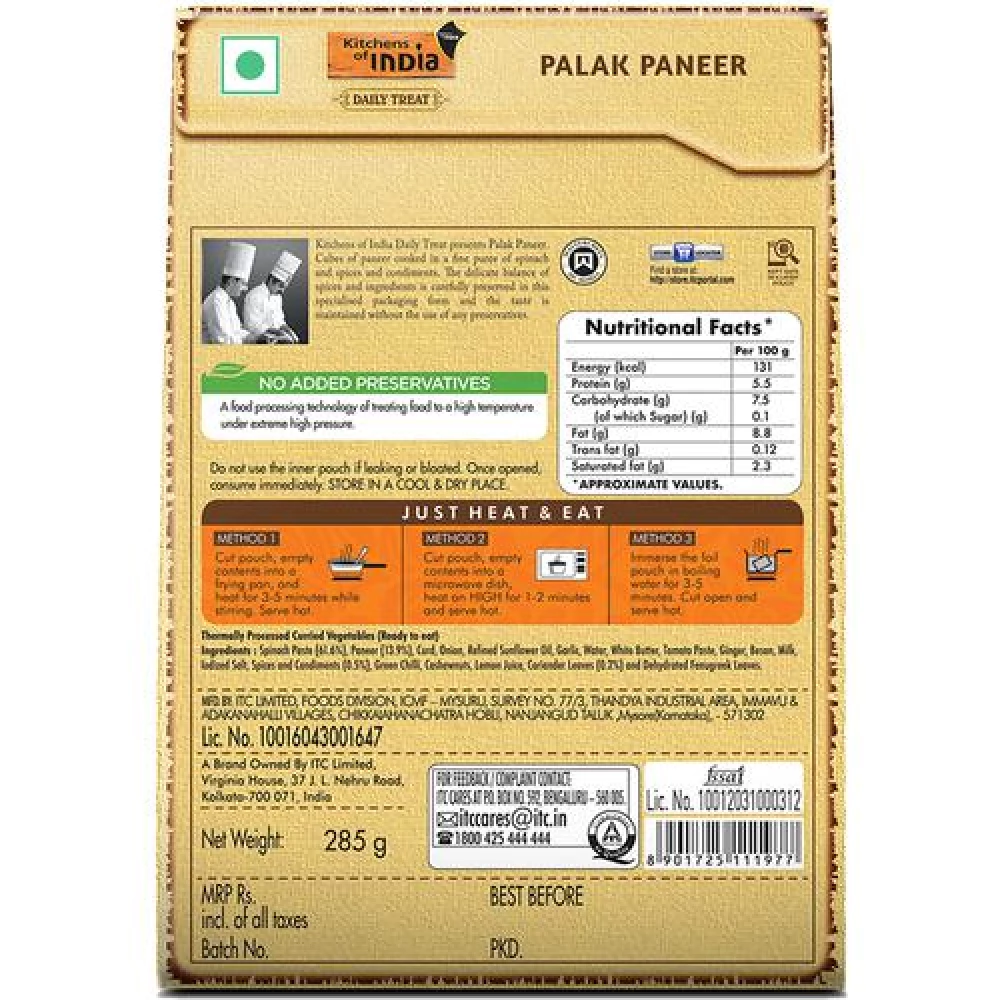 Kitchens Of India Palak Paneer - Ready To Eat Indian Dish, 285 g Carton-3.webp